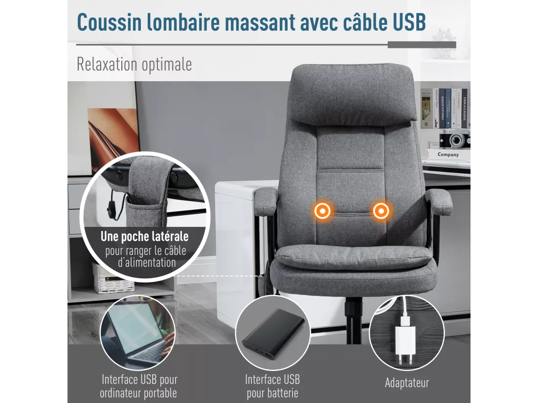 Vinsetto Fauteuil bureau manager massant pivotant hauteur réglable tissu lin gris