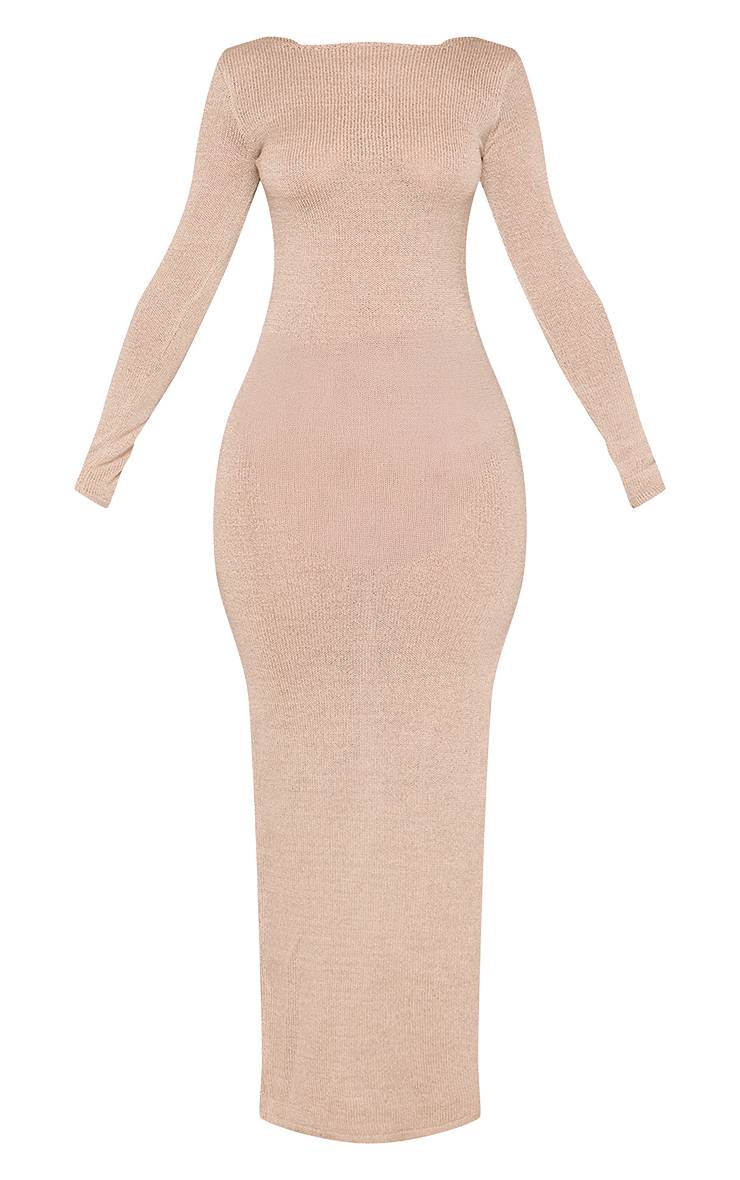 Champagne Robe Maxi Tricotée À Manches Longues Avec Dos Ouvert Noué Petite Taille