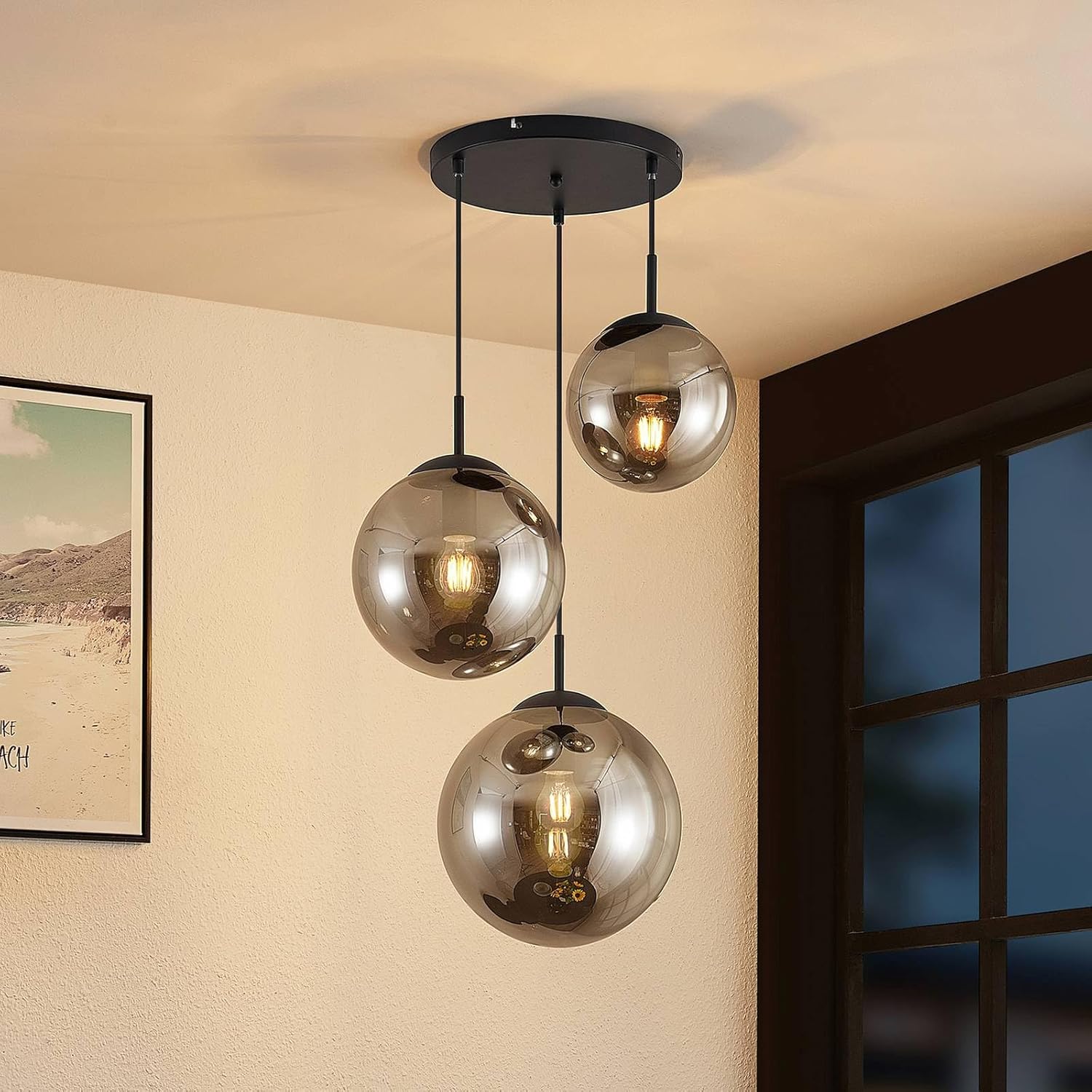 Lindby Esstisch Pendelleuchte Glas rauchgrau, 3 Schirme Ø 30 25 20 cm Hängeleuchte Rauchglas Esszimmer 3x E27 ohne Leuchtmittel Hängelampe Wohnzimmer Esszimmerlampe