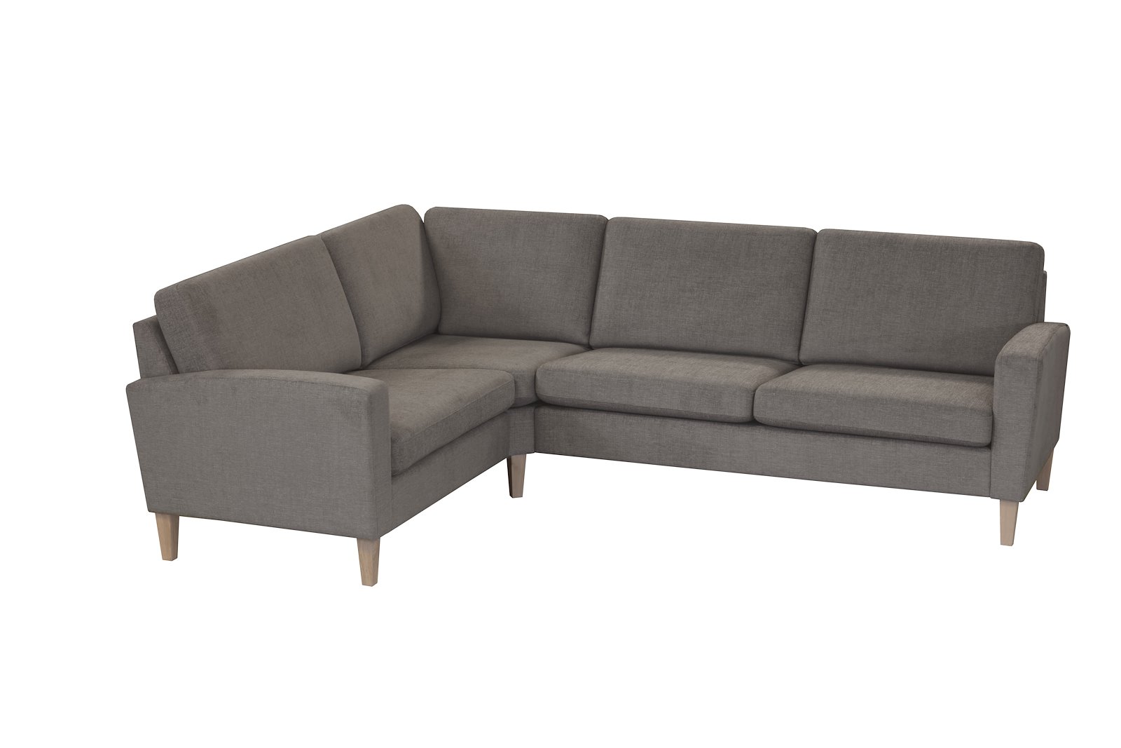 Noor Lux hjørnesofa 1,5 seter, hjørne og 2,5 seter i tekstil Milan Warm Grey, Vange 01 og med ben 20 røkfarget