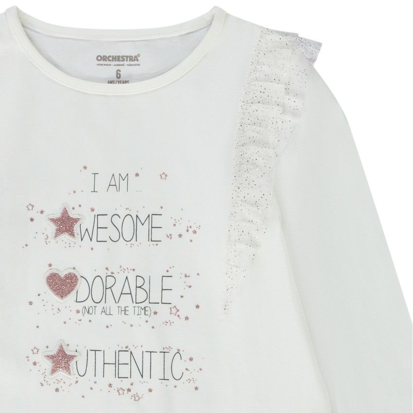 T-shirt manches longues volantées print fantaisie pour fille - Ecru