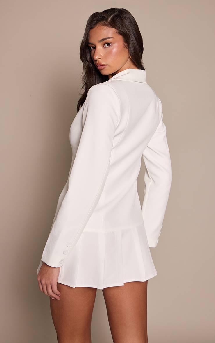 Blanc Robe Blazer Tissée À Ourlet Plissé