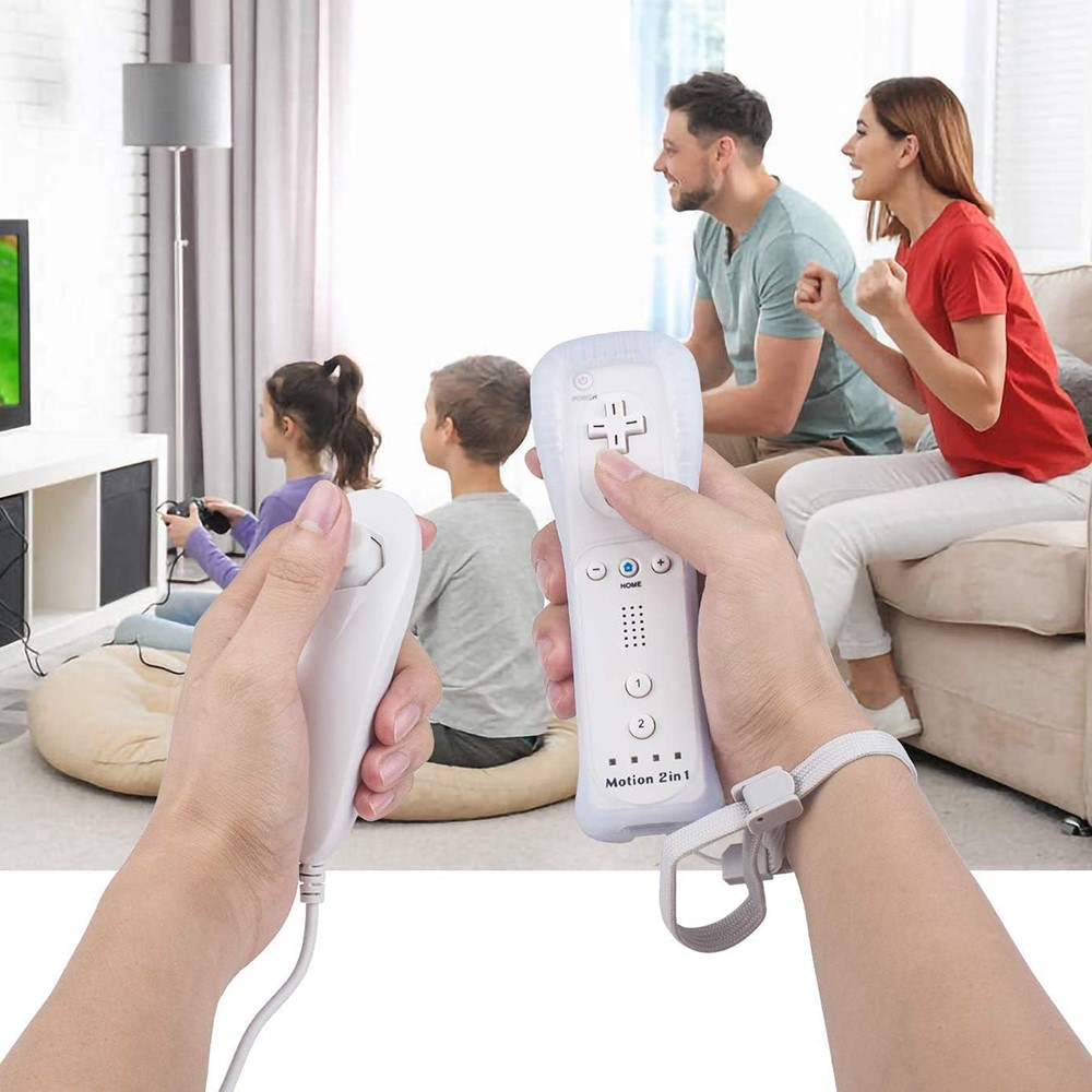 (2-tlg. Set) Nintendo Wii U / Wii Mini / Wii Remote Game Controller mit Silikonhülle und Handschlaufe   Nunchuk Joystick (Motion Plus) - Weiss