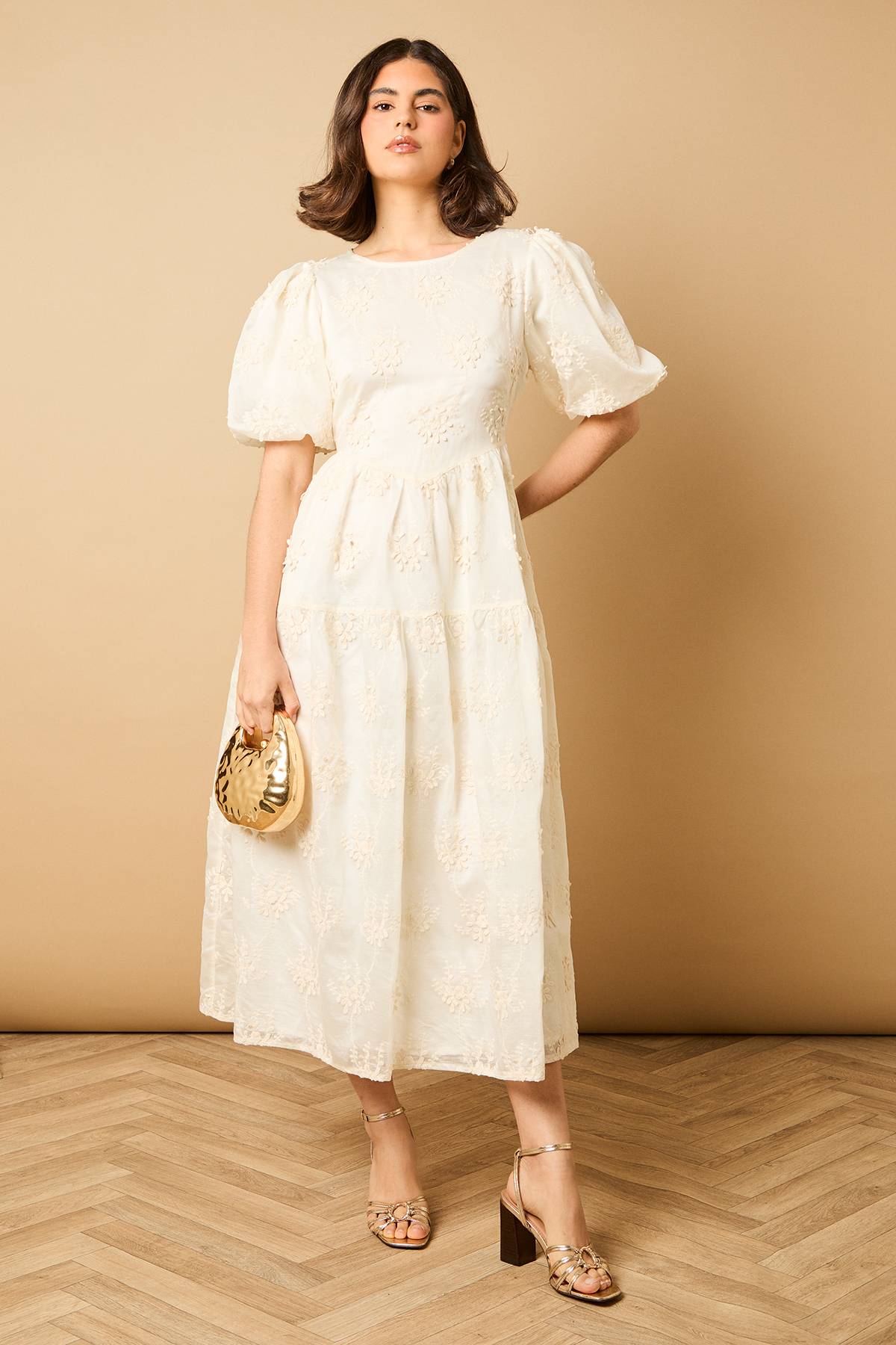 Oasis Robe Midi à Manches Bouffantes et Broderie Florale