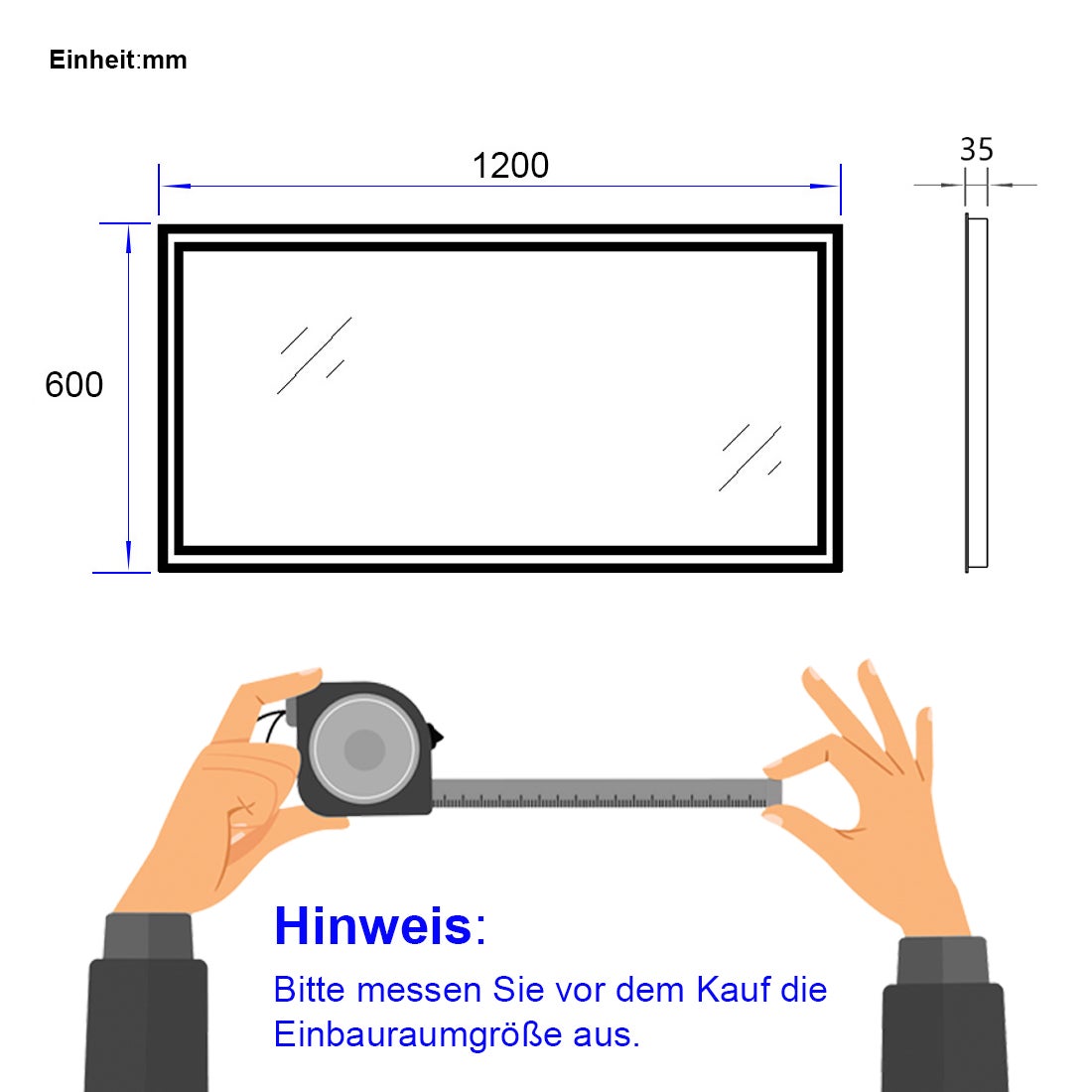 EMKE Badkamerspiegel met verlichting, LED-spiegel met schakelaar, anti-condens, 120 x 60 cm, koud wit/warm wit