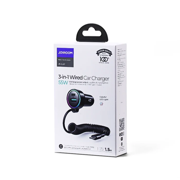 (72W) USB C / USB A Auto KFZ Ladegerät Car Charger für Zigarettenanzünder mit USB C Spiral Ladekabel (JR-CL07) - Schwarz