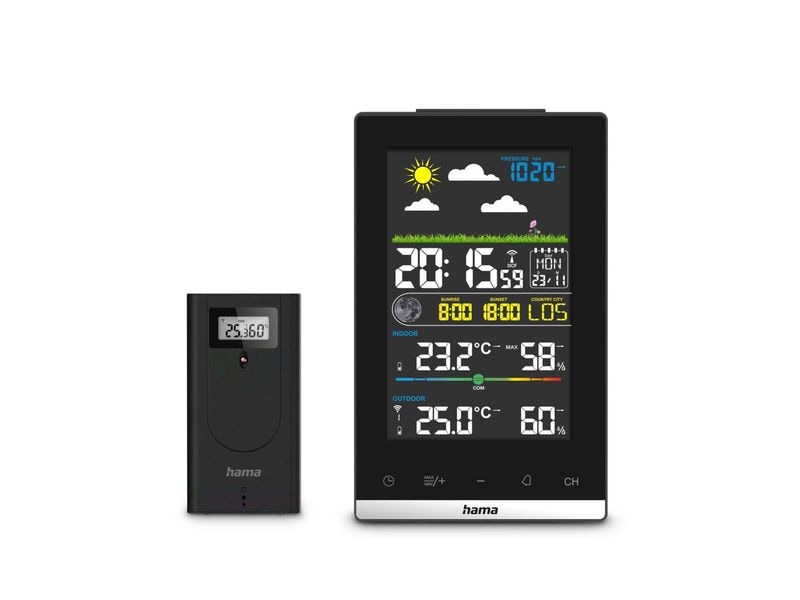 Hama Wetterstation Jamaika, Schwarz Wetterstation mit Aussensensor, Funk, Wecker und Raumklima