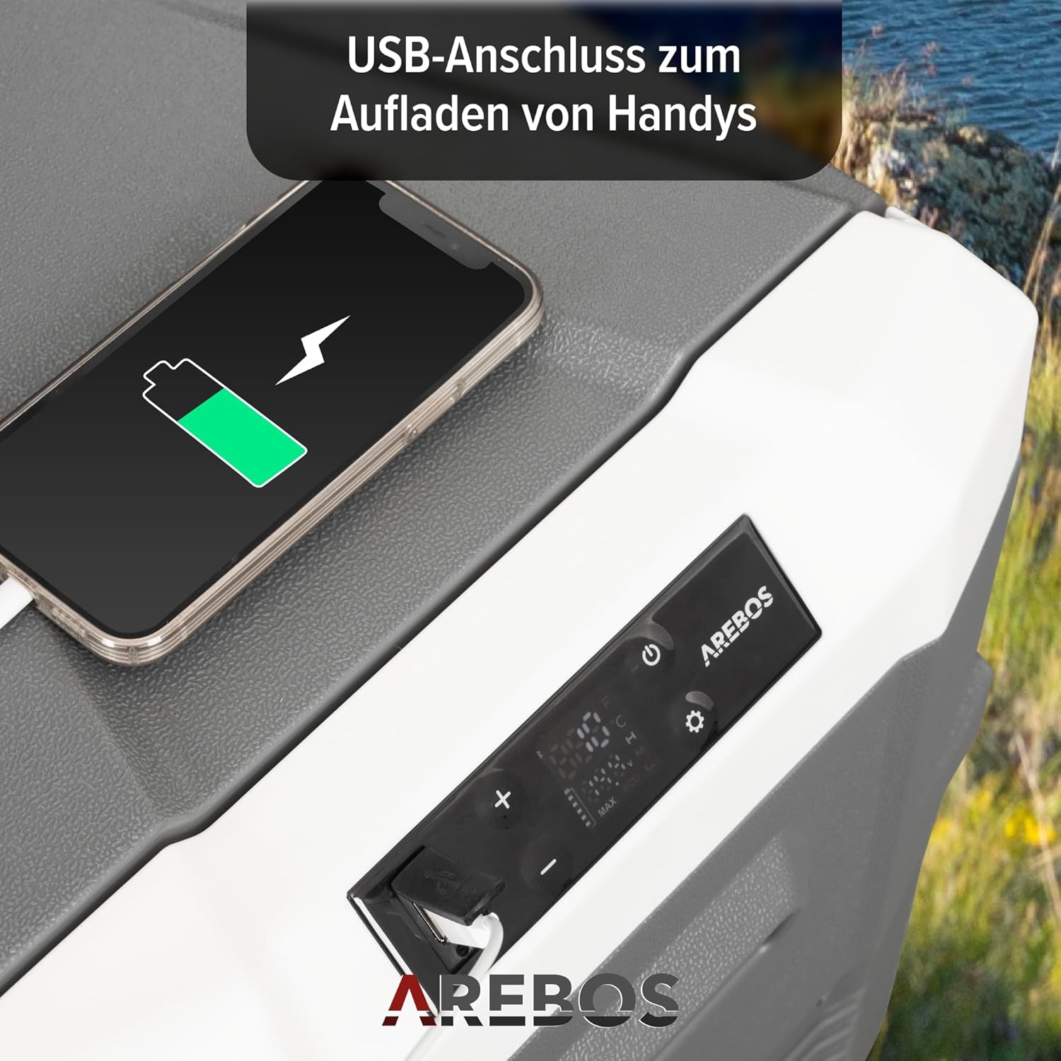 Arebos Kompressor Kühlbox 26 Liter | Elektrische Gefrierbox mit APP & Smart-Steuerung | Mobile Kühltruhe mit USB-Anschluss | bis -20 °C | 12/24 V 230V | für Auto,LKW,Camping,Boot,Wohnmobil