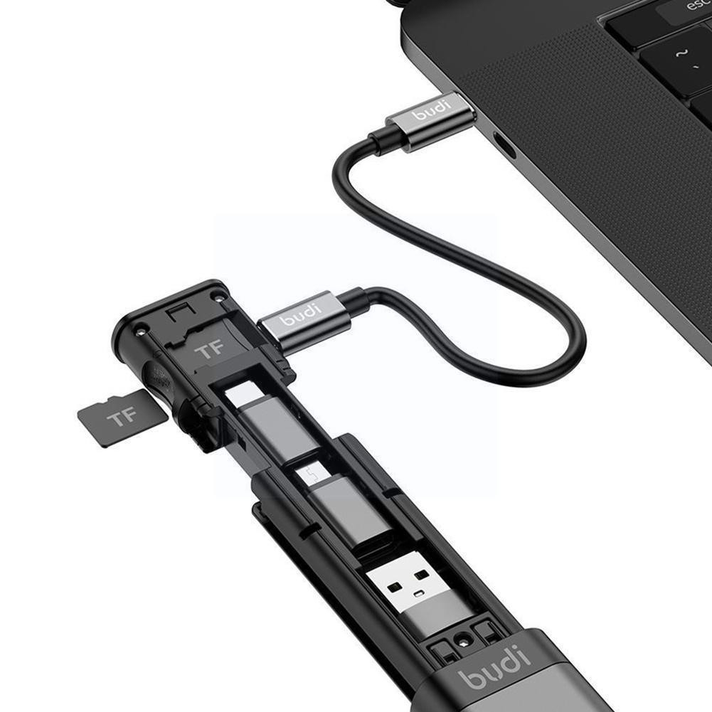 (18cm) 9in1 USB C Ladekabel Aufbewahrungsbox mit USB A / Micro USB / Apple Lightning Adapter inkl. Handschlaufe - Schwarz