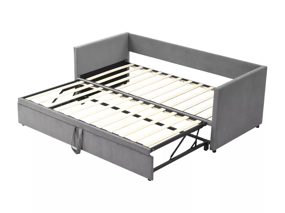 Lit gigogne 90/180x200cm, lit capitonné canapé-lit extensible avec sommiers à lattes, lit multifonctionnel en tissu velours style moderne - gris