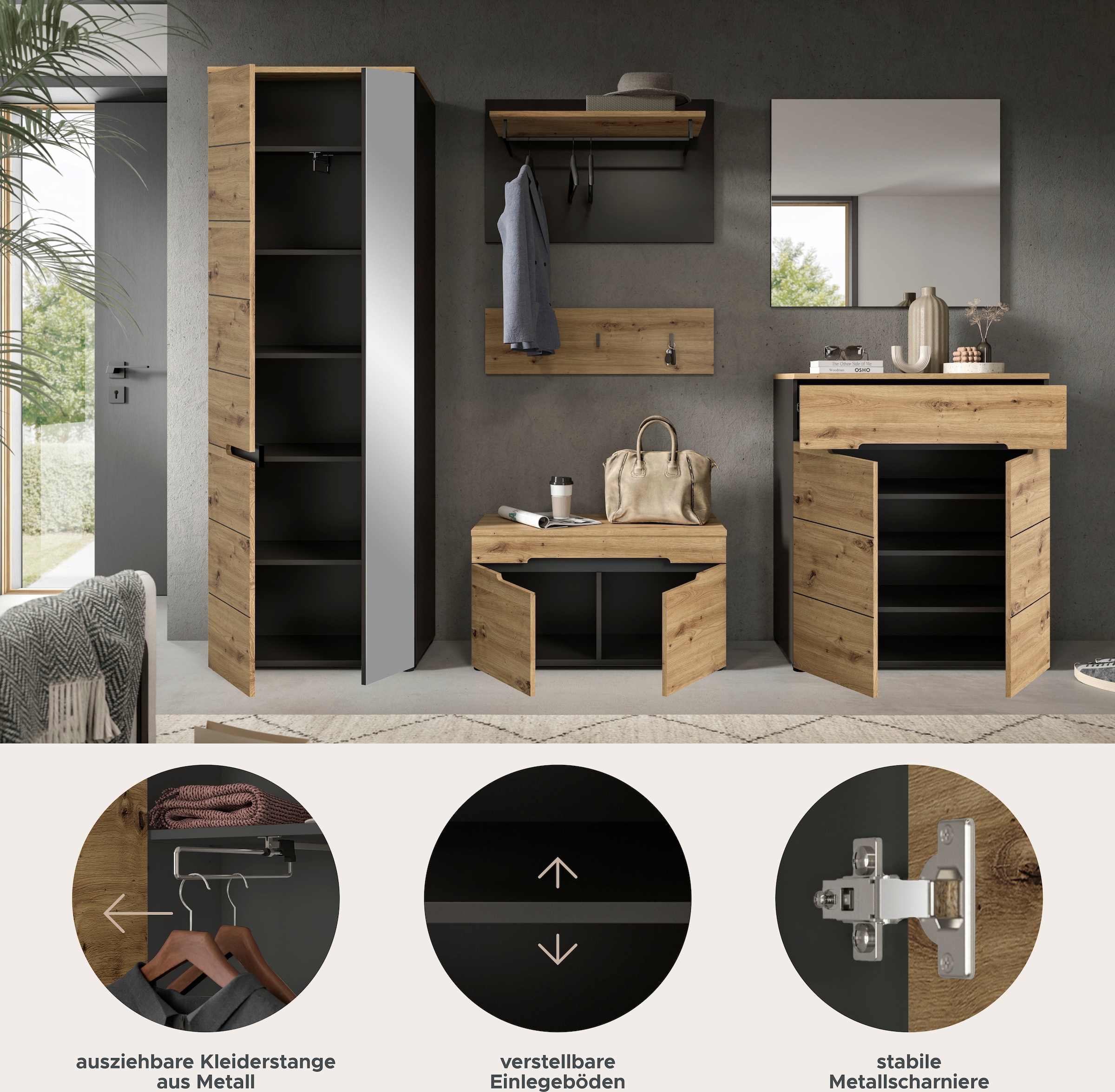 INOSIGN Garderoben-Set »Rehat, Garderobenkombination, Breite 255cm« Garderobenschrank, Sitzbank, Paneel, Hakenleiste, Spiegel, Kommode, 6 Stk. tlg.