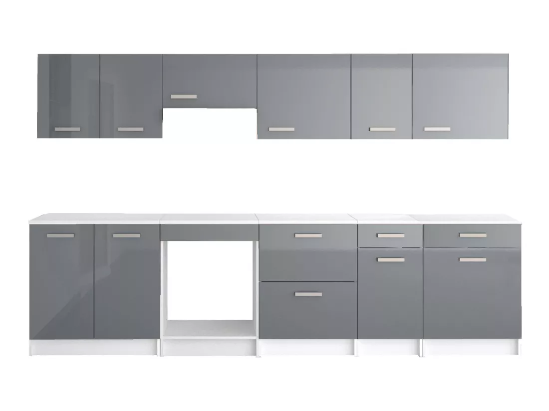 Cuisine complète - Avec plan de travail 300 cm - Gris brillant & Blanc - TRATTORIA