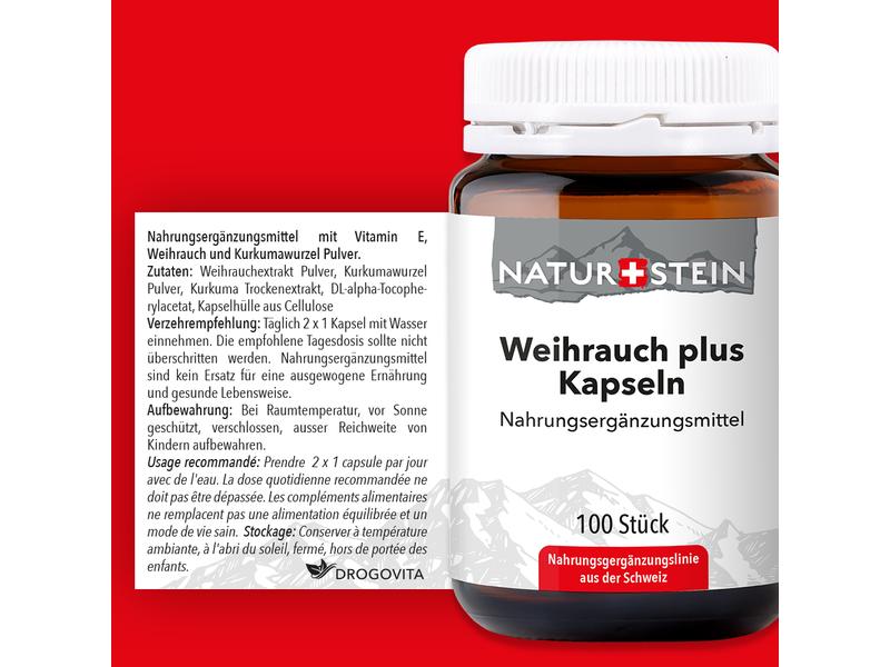 Naturstein Weihrauch plus 100 Kapseln Nahrungsergänzungsmittel mit Vitamin E, Weihrauch und Kurkumawurzel-Pulver