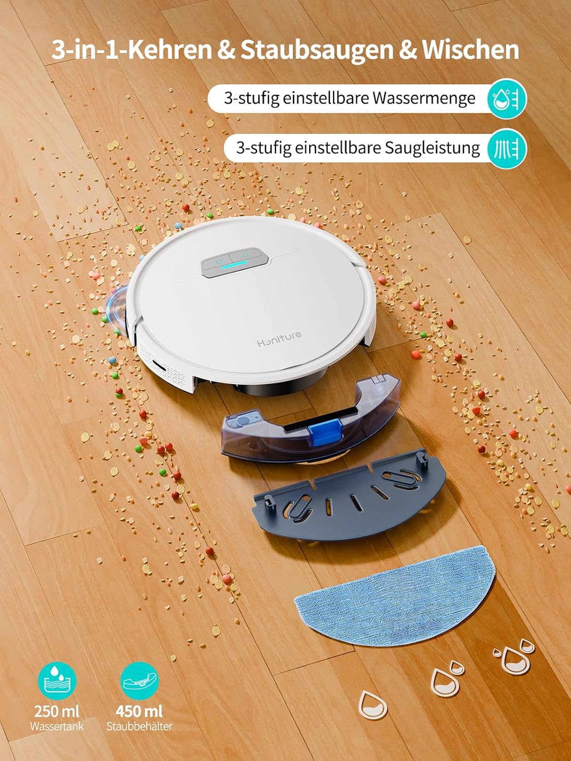 HONITURE Saugroboter mit Wischfunktion, G20 Staubsauger Roboter mit 4000Pa Starke Saugkraft, Kehren Saugen Wischen 3 in 1 Roboterstaubsauger, für Tierhaare, Teppiche, Hartböden, Sprach, Fernbedienung