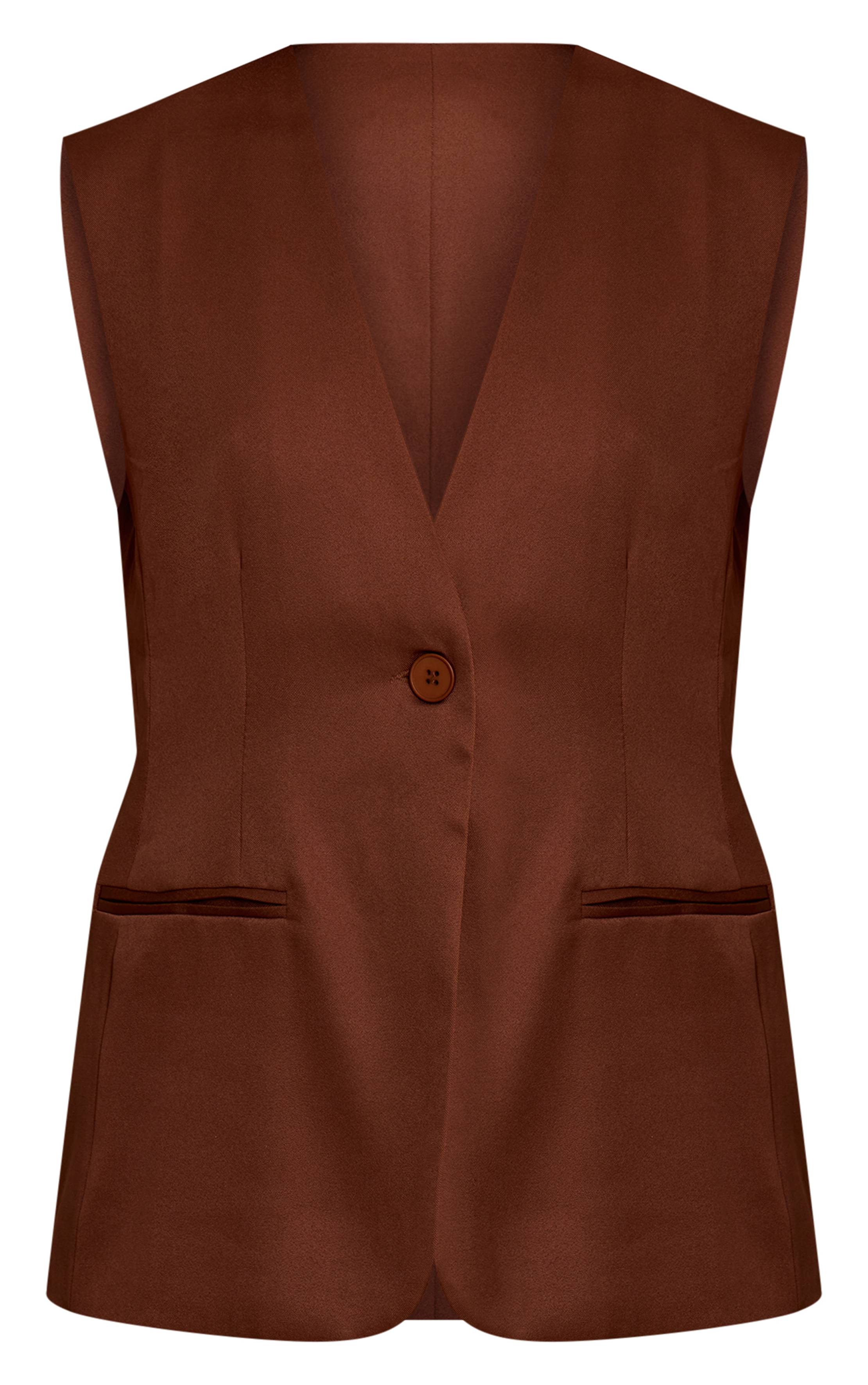 Chocolate Brown Gilet Long Ajusté Tissé Haut De Gamme
