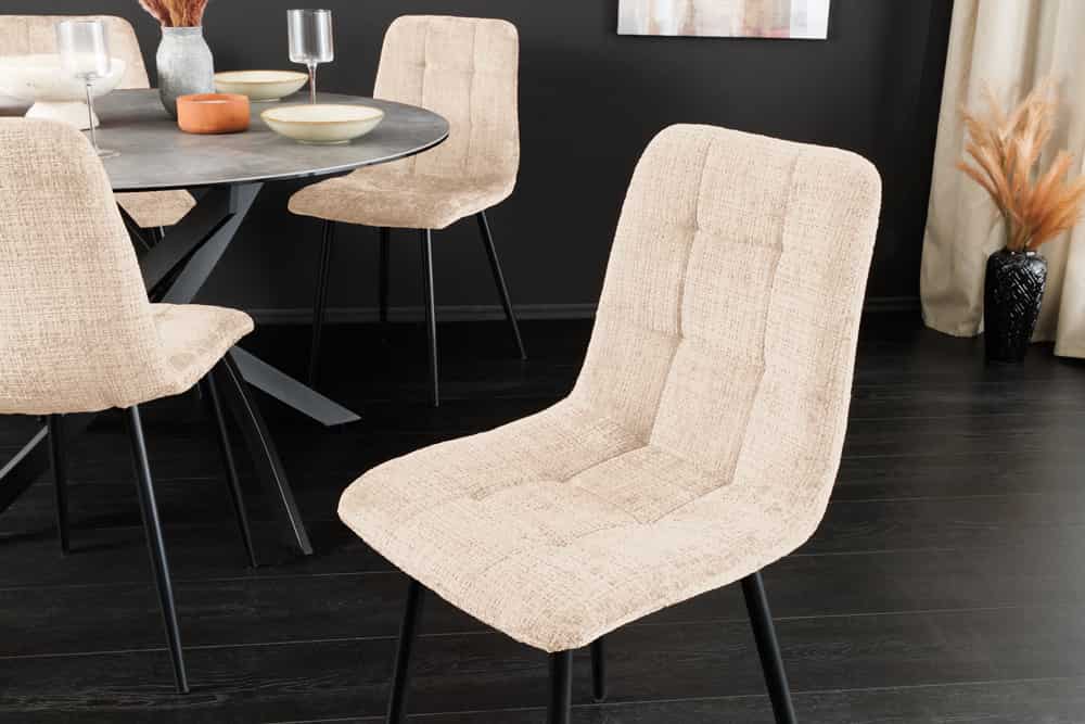Moderner Design Stuhl TRES CHIC champagner greige Chenille Cremona schwarze Metallbeine