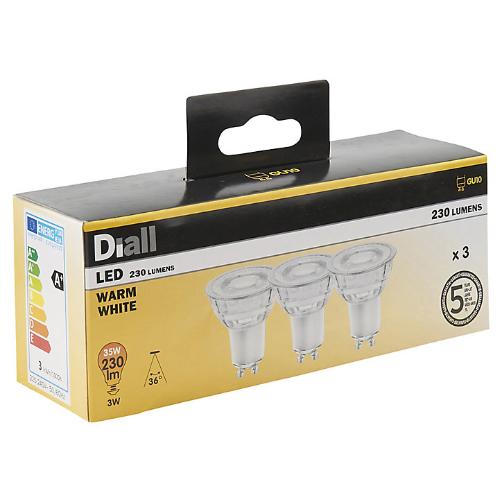 3 ampoules LED GU10 spot Diall 3W=35W blanc chaud