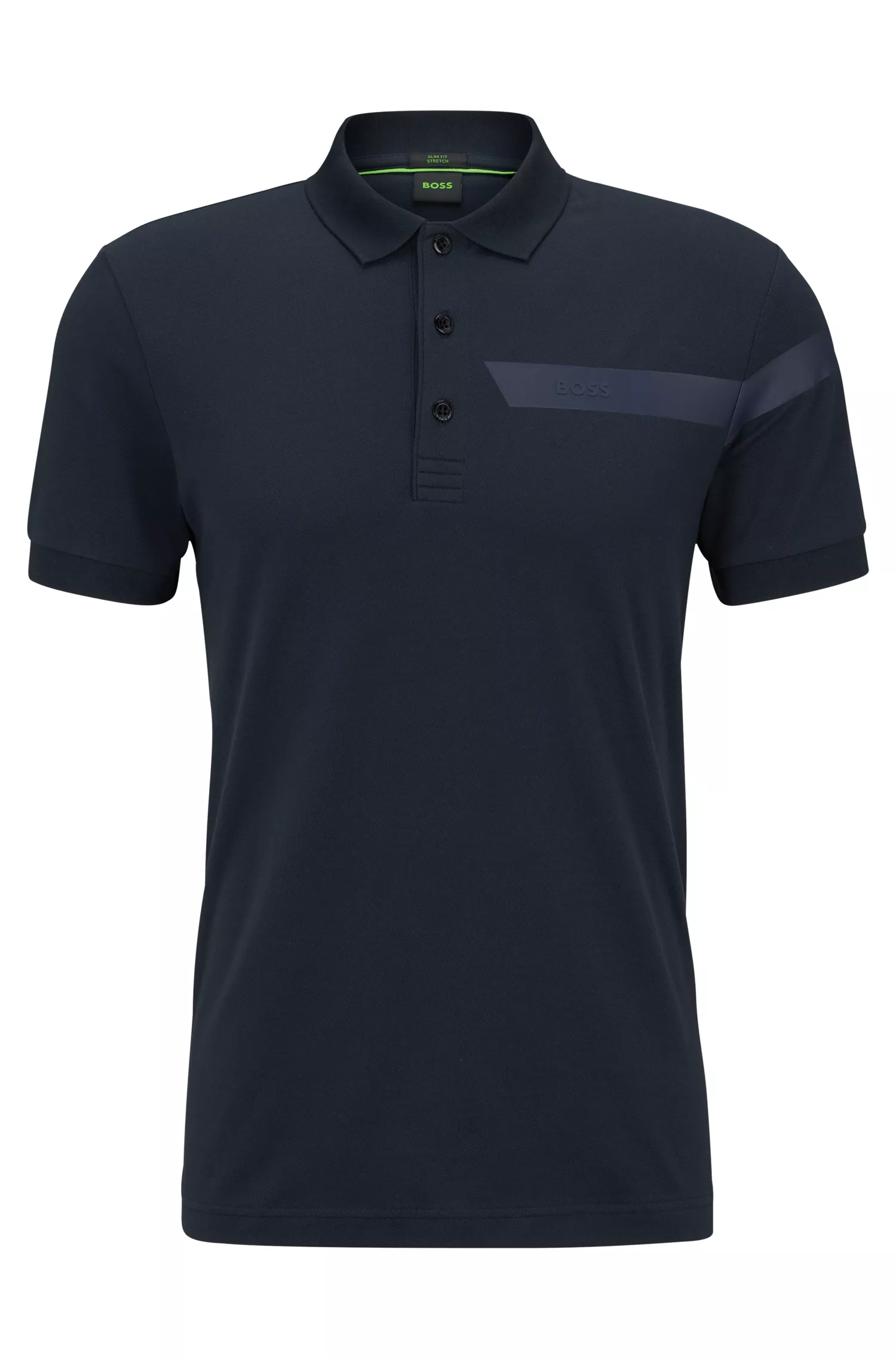 Camisa polo BOSS verde, corte slim, com listras e logotipo.