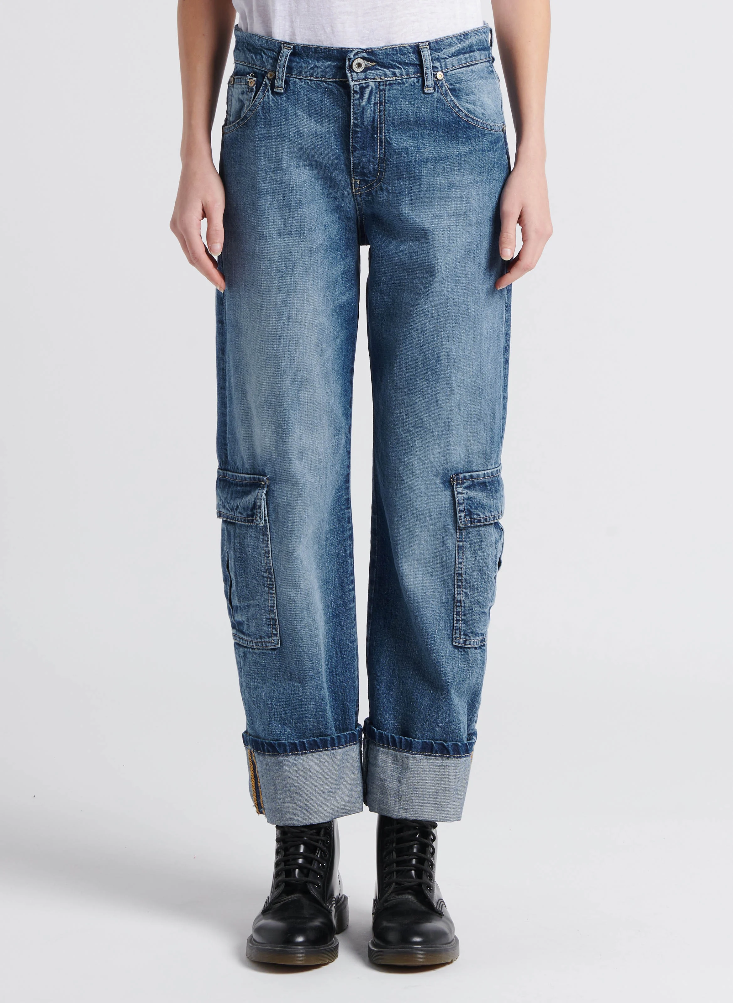 Jean droit taille haute avec ourlets | Bleu