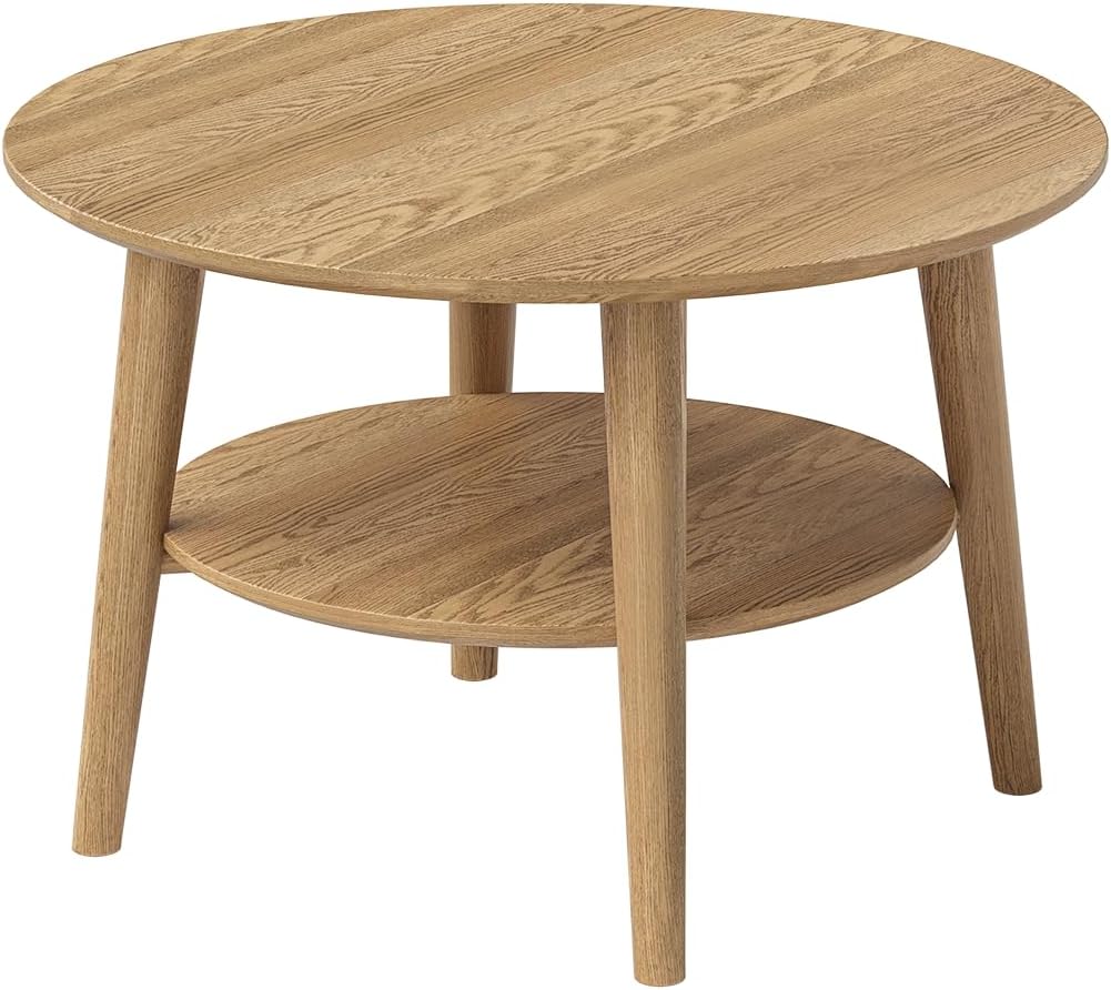 skølm Mjölnir Couchtisch rund Ø70 cm – Wohnzimmertisch aus Eiche Massivholz – Sofatisch mit 2 Ablagen – kleiner Beistelltisch Natur geölt – Holztisch Wohnzimmer mit Stauraum – Coffee Table