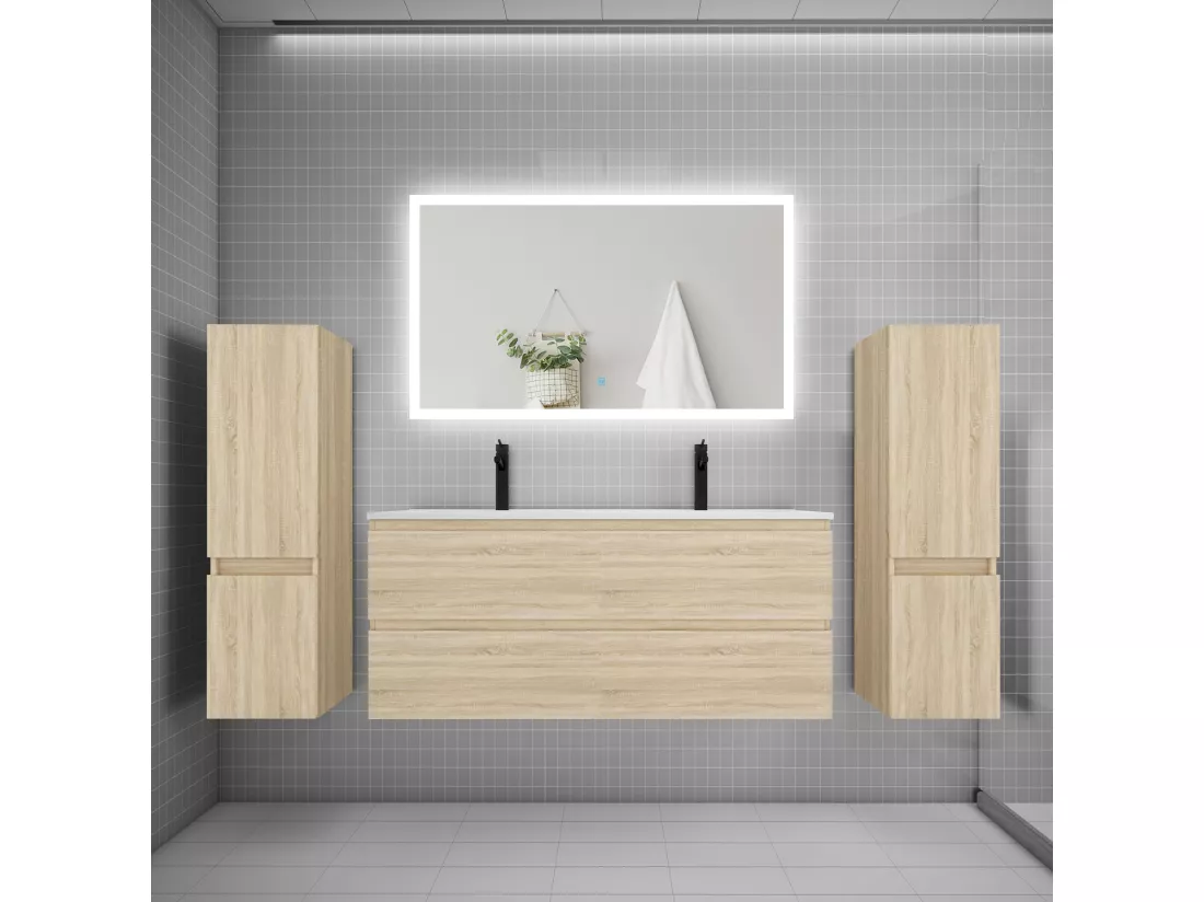 Ensemble meuble de salle de bains 120cm, double vasque + colonne + miroir rectangulaire,chêne