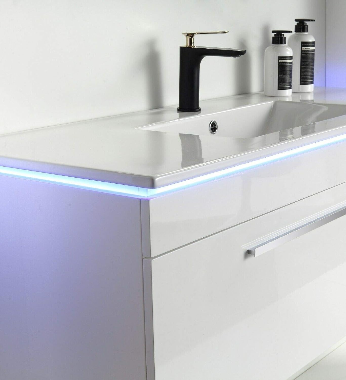 Faizee Möbel | Badmöbel-Set 90 cm in Weiß Hochglanz | Keramik-Waschbecken & Runder LED-Spiegel | Modernes Badezimmermöbel-Set ohne Schränke – Stilvolle Einrichtung für jedes Bad