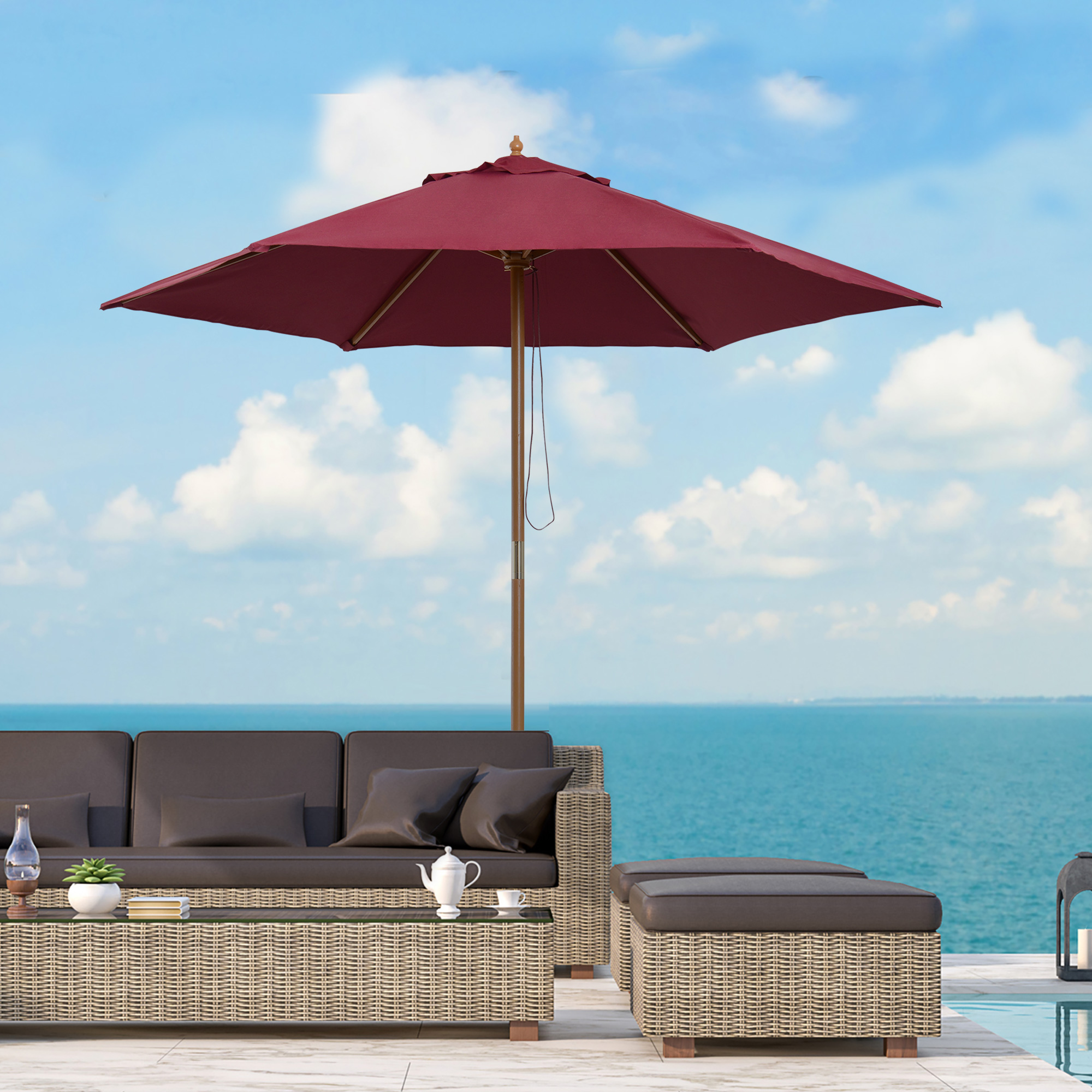 Guarda-sol de madeira Outsunny Ø250x230cm para uso externo com 6 varetas, sistema de corda com fixação removível, portátil, fácil de guardar e transportar, vermelho vinho
