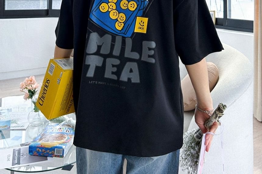 SeoulPop - T-shirt met korte mouwen en cartoonprint, losvallend