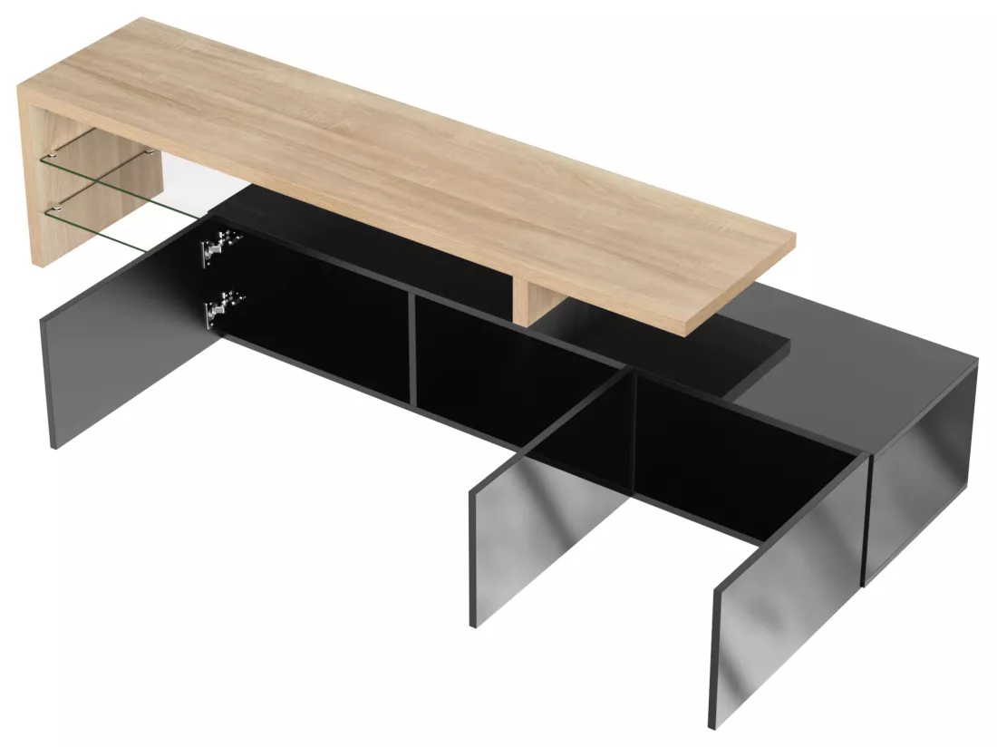 Meuble TV 200 cm - 3 portes et 2 compartiments en verre - style moderne - Noir & Naturel