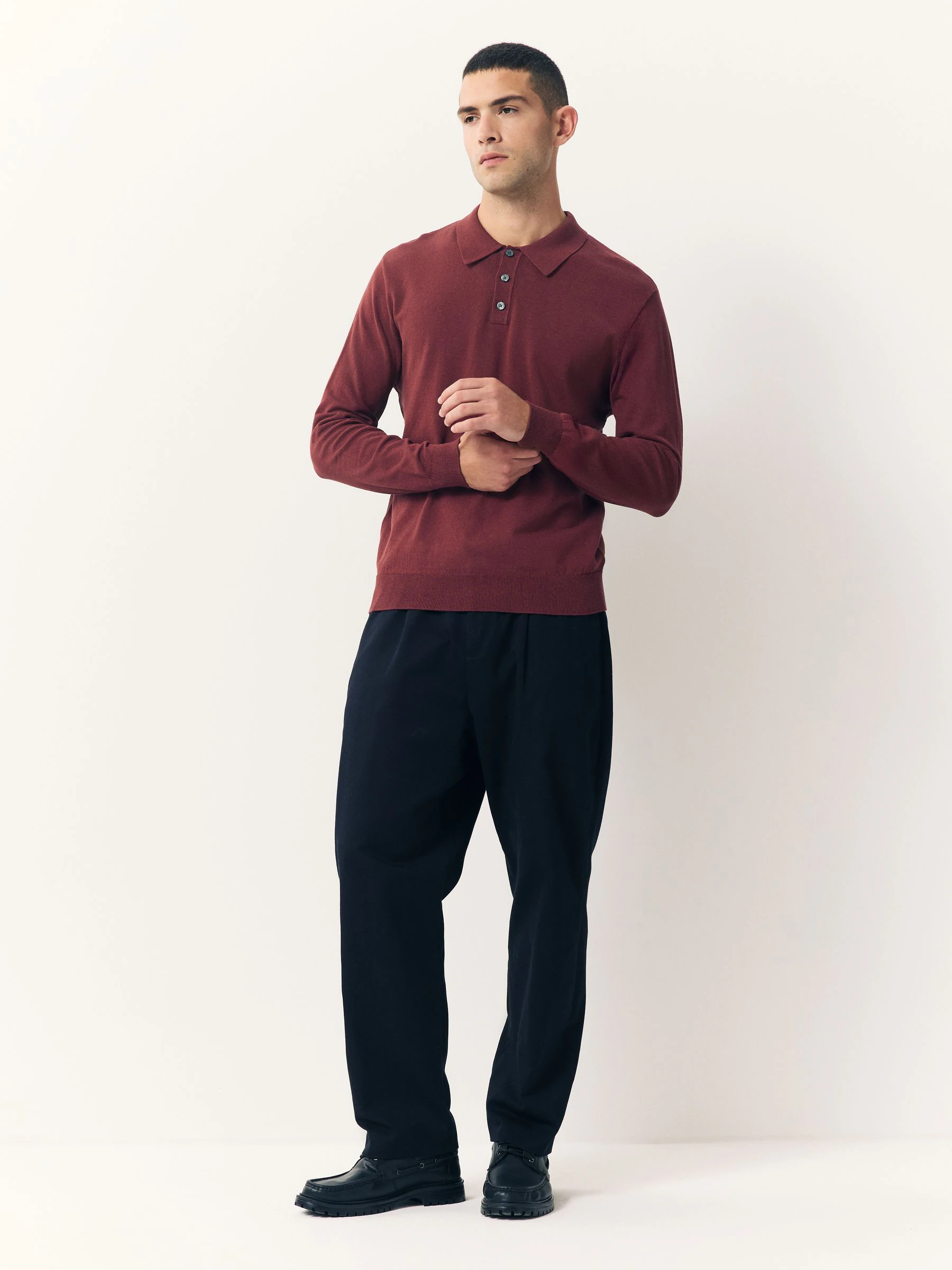 Rood - Normale Pasvorm - Katoenrijk gebreid poloshirt met lange mouwen