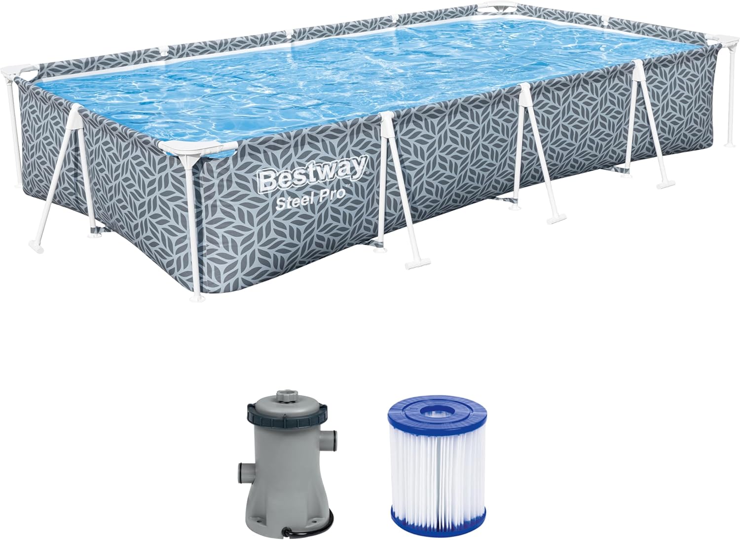 Bestway Steel Pro Frame Pool Set mit Filterpumpe 366 x 201 x 66 cm, Blattform-Design, eckig