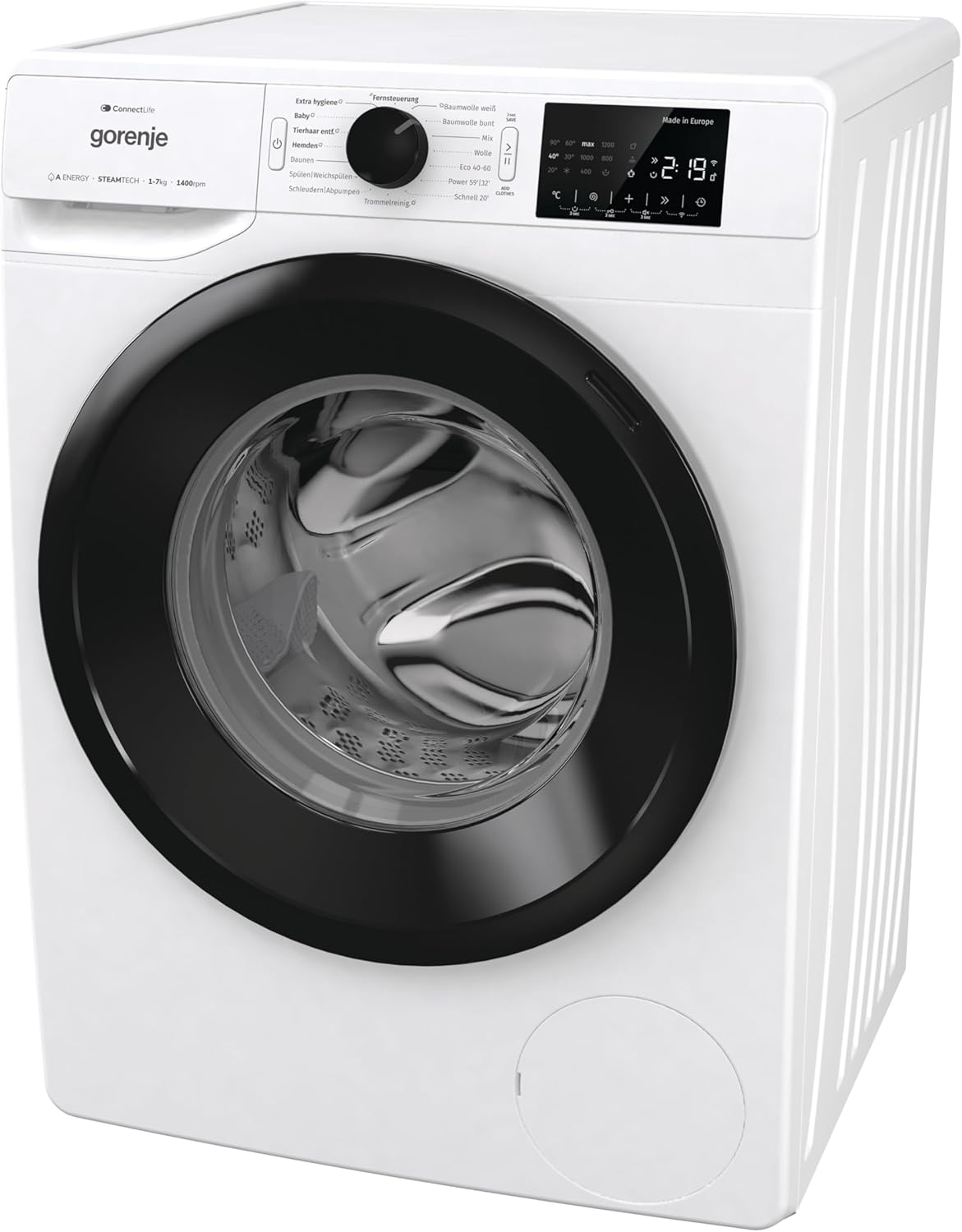 Gorenje WPNEI74A1TS Waschmachine mit Dampffunktion/ConnectLife / 7Kg / 1400 U/min / 15 Programme/Totaler AquaStop/WaveActive Trommel/ExtraHygiene/PowerWash/Schnell Waschgang/EEK: A-10%