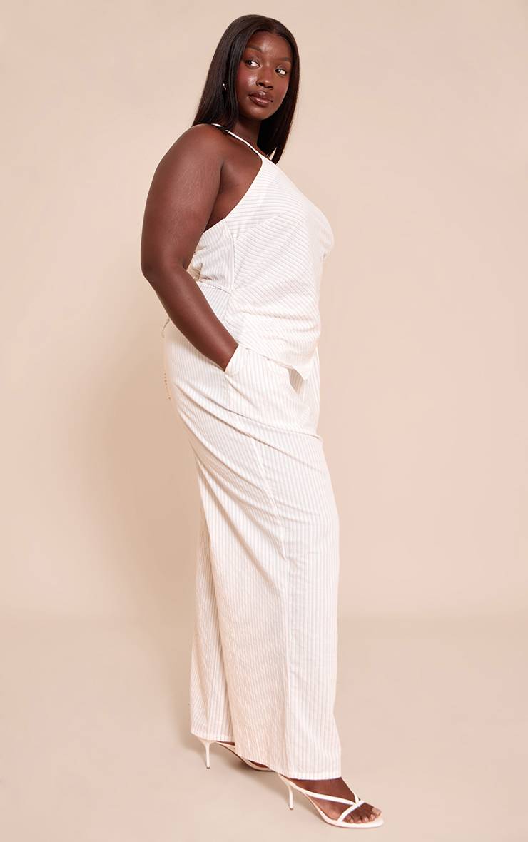 Blanc Combinaison Asymétrique À Rayures Fines Tissées Grande Taille