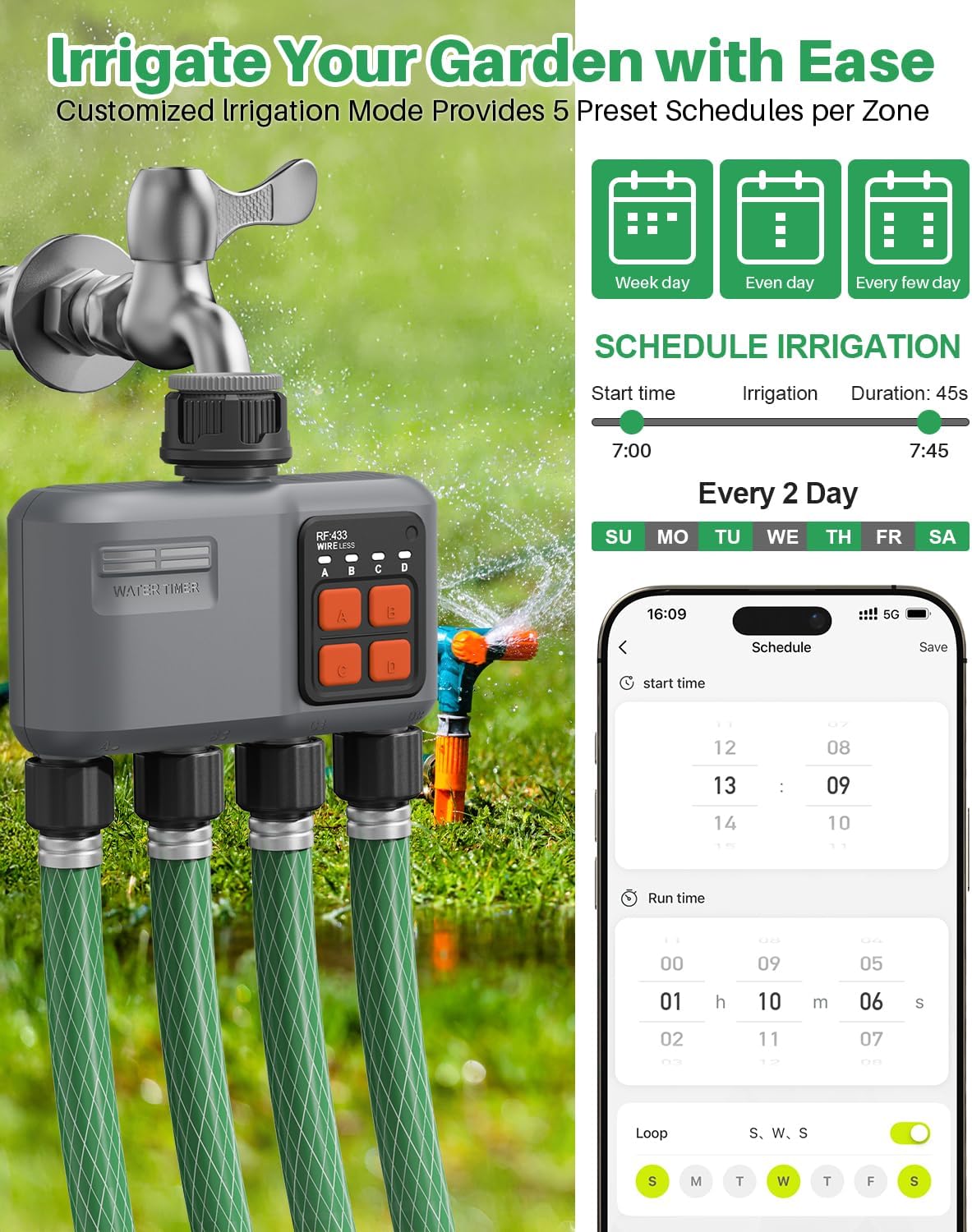 Bewässerungscomputer WLAN 4 Ausgänge mit 300M RF-Technologie, Bewässerungsuhr für Gartenbewässerung Kompatibel mit Alexa & Smart Life App, Automatischem Bewässerungssystem für Garten Rasen