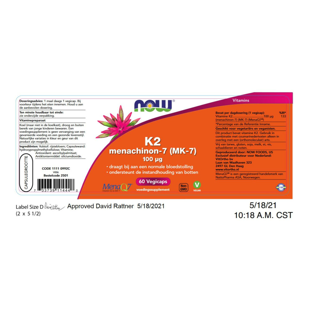 NOW Vitamine K2 Menachinon 7 100 Mcg 60 capsules