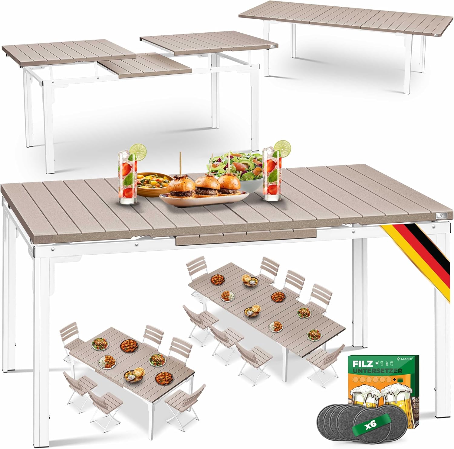 KESSER® Gartentisch ausziehbar Esstisch 180/240x90cm erweiterbar bis 8 Personen Ausziehtisch mit pulverbeschichtetem Stahl-Gestell & HDPE Tischplatte Wetterfest & UV-Beständig inkl. 6 Filz-Untersetzer