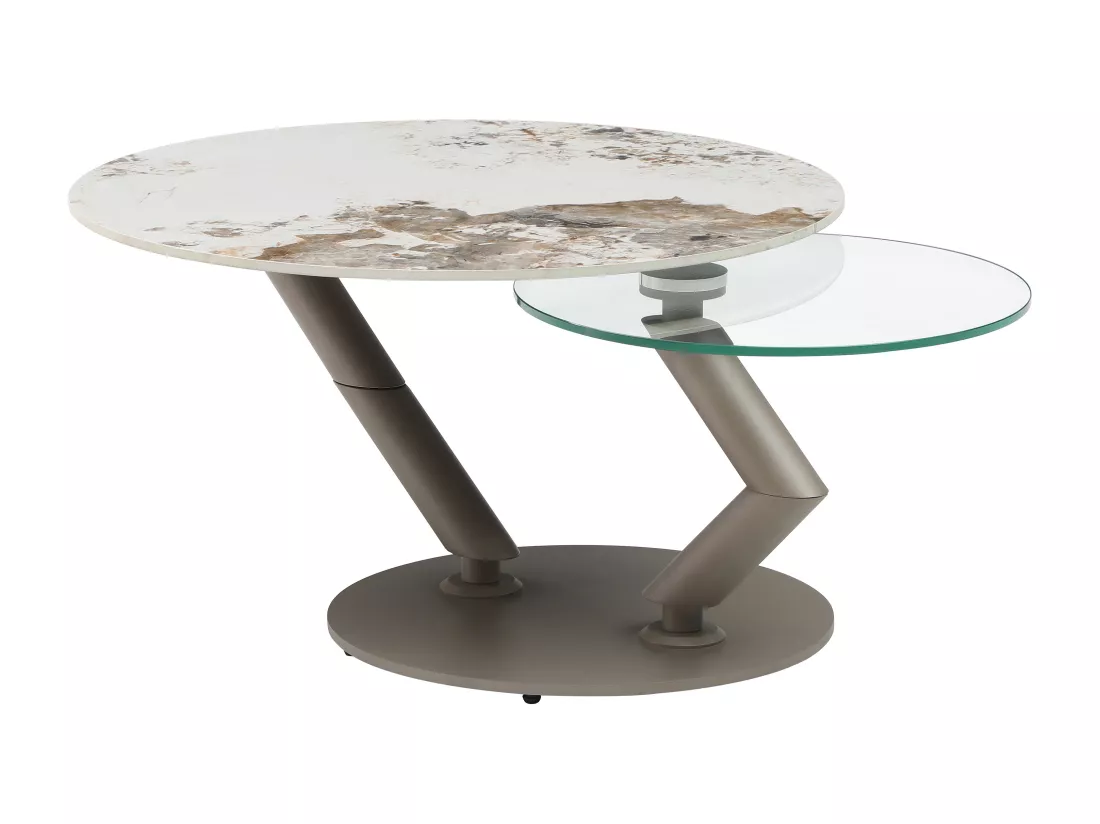 Table basse avec plateaux pivotants en céramique, verre trempé et métal taupe - Effet marbre blanc et gris - ELDOVA