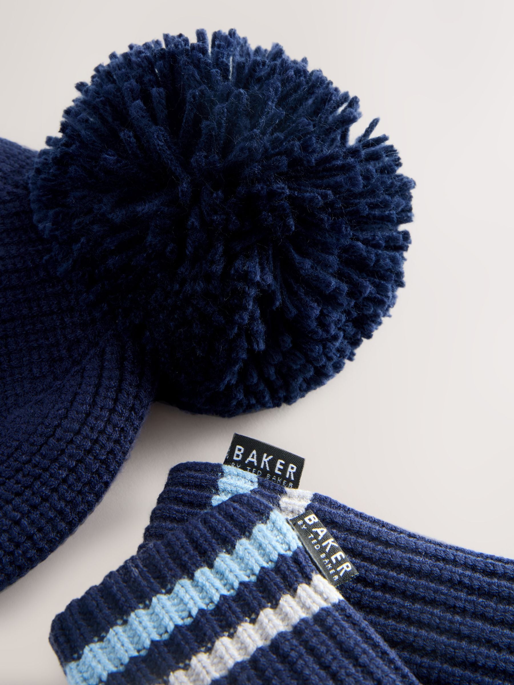 Marineblauw - Baker by Ted Baker Boys Pom Beanie and Mittens Set
