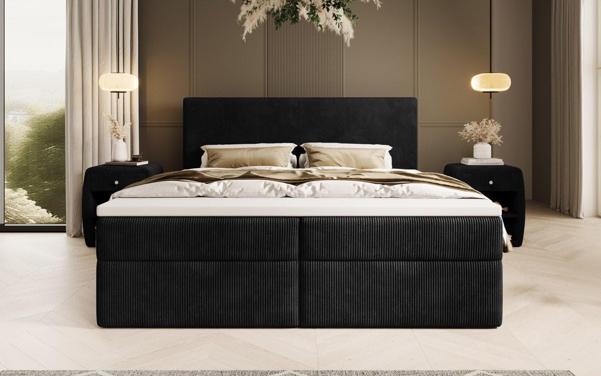 Luxusbetten24 Boxspringbett Soft in Cord 180x200 mit Stauraum | Bezug: Cord | Farbe: Schwarz | Härtegrad: H3 (70-100kg) - mittelfest