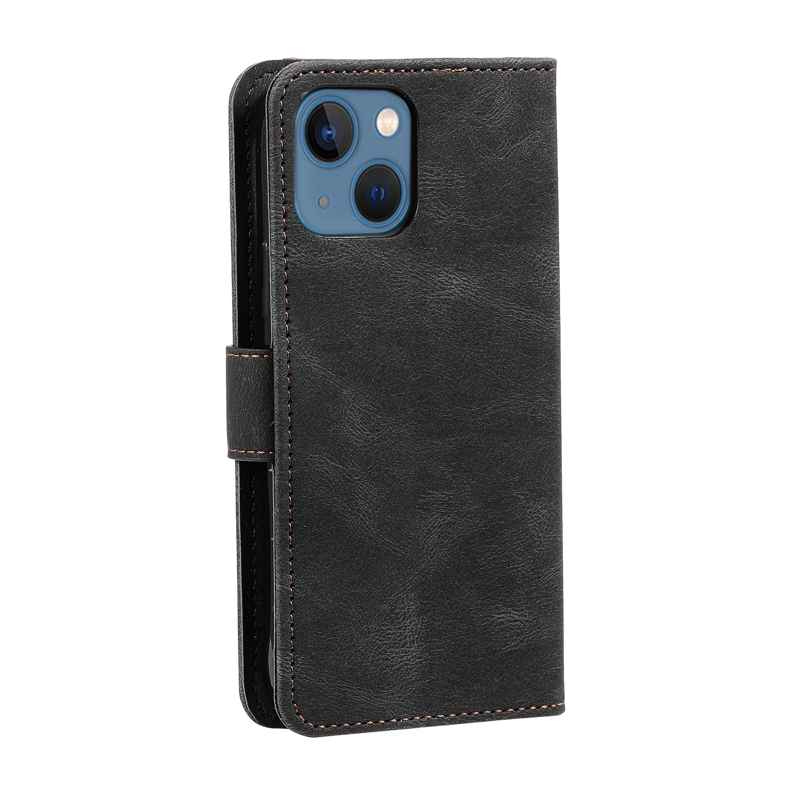 iPhone 14 Vintage Leder Tasche Flip Cover mit Kartenfächer   Handschlaufe (ohne Magnetverschluss) - Schwarz