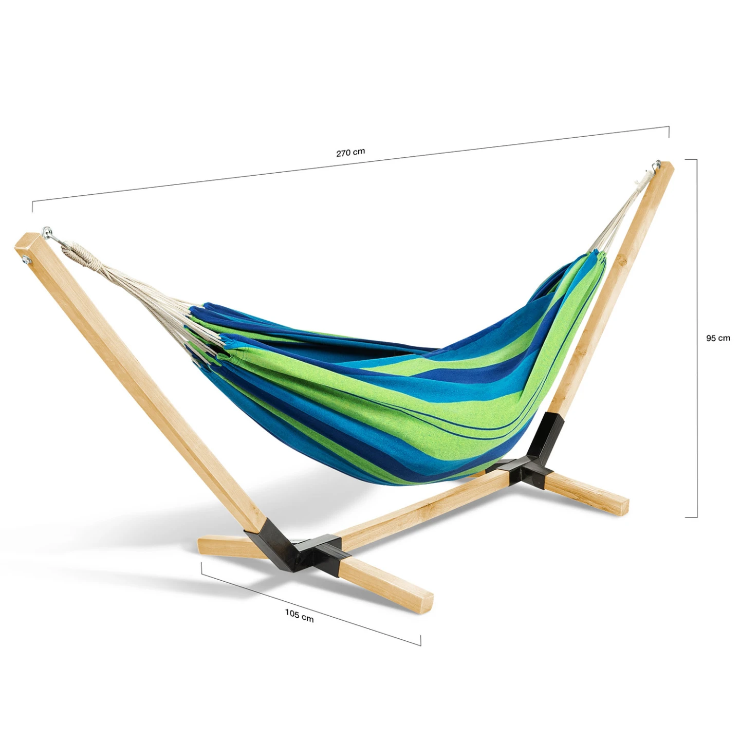 Hamac avec support bois et toile rayée bleue et verte TAHITI