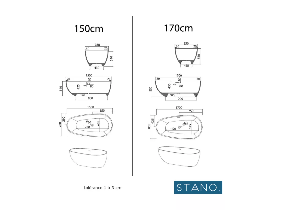Baignoire îlot design en solid surface ovale HELSINKI 170 cm