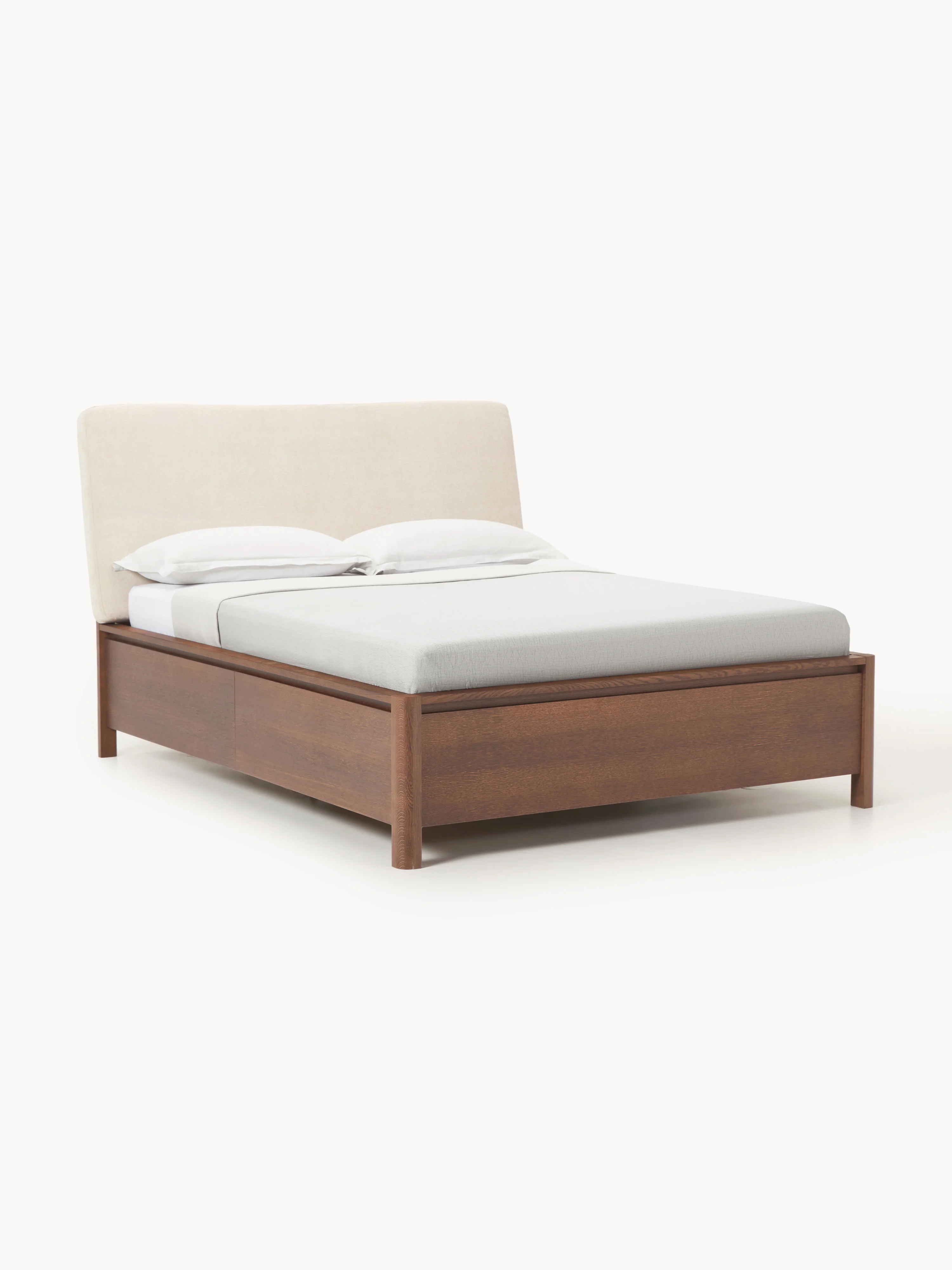 Houten bedframe Santiago met gestoffeerd hoofdeinde en lades