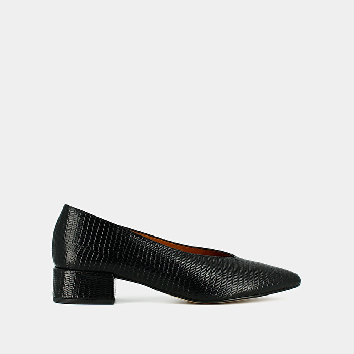 Ballerines à talons et bouts pointus  en cuir reptile noir