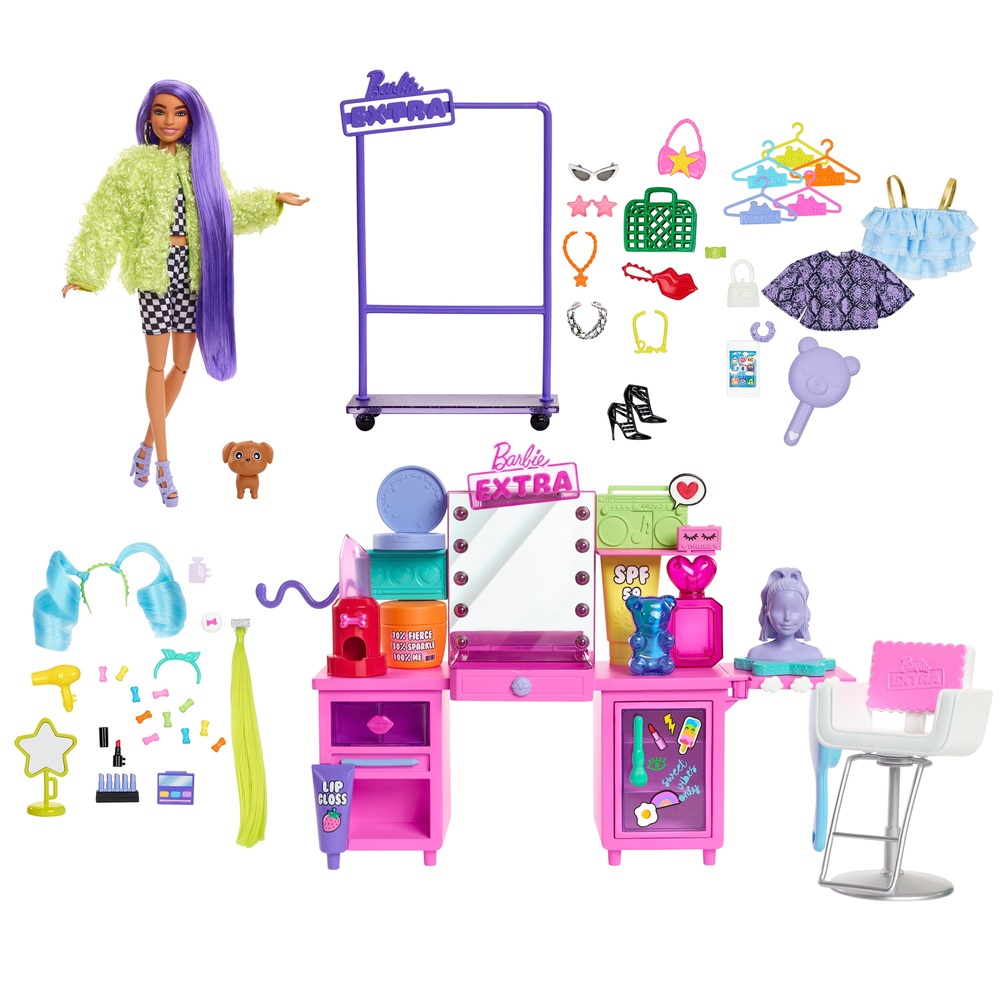 Barbie Extra Puppe und Schminktisch-Spielset mit 45 Accessoires