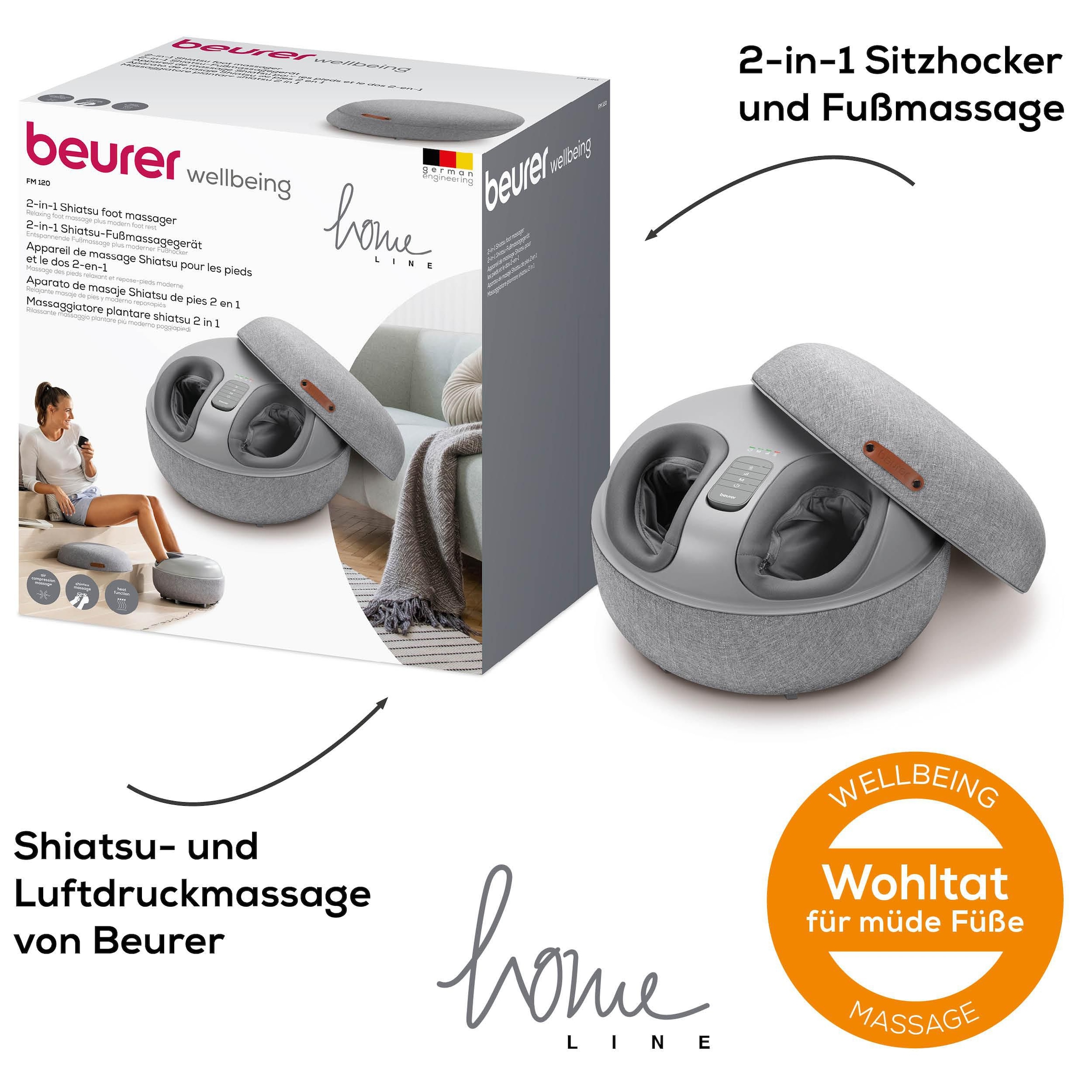 BEURER Shiatsu-Fussmassagegerät »FM 120 2-in-1: stylischer Hocker und Massagegerät« Mit Luftkompressionsmassage und Shiatsu-Massage, inkl. Wärmefunktion