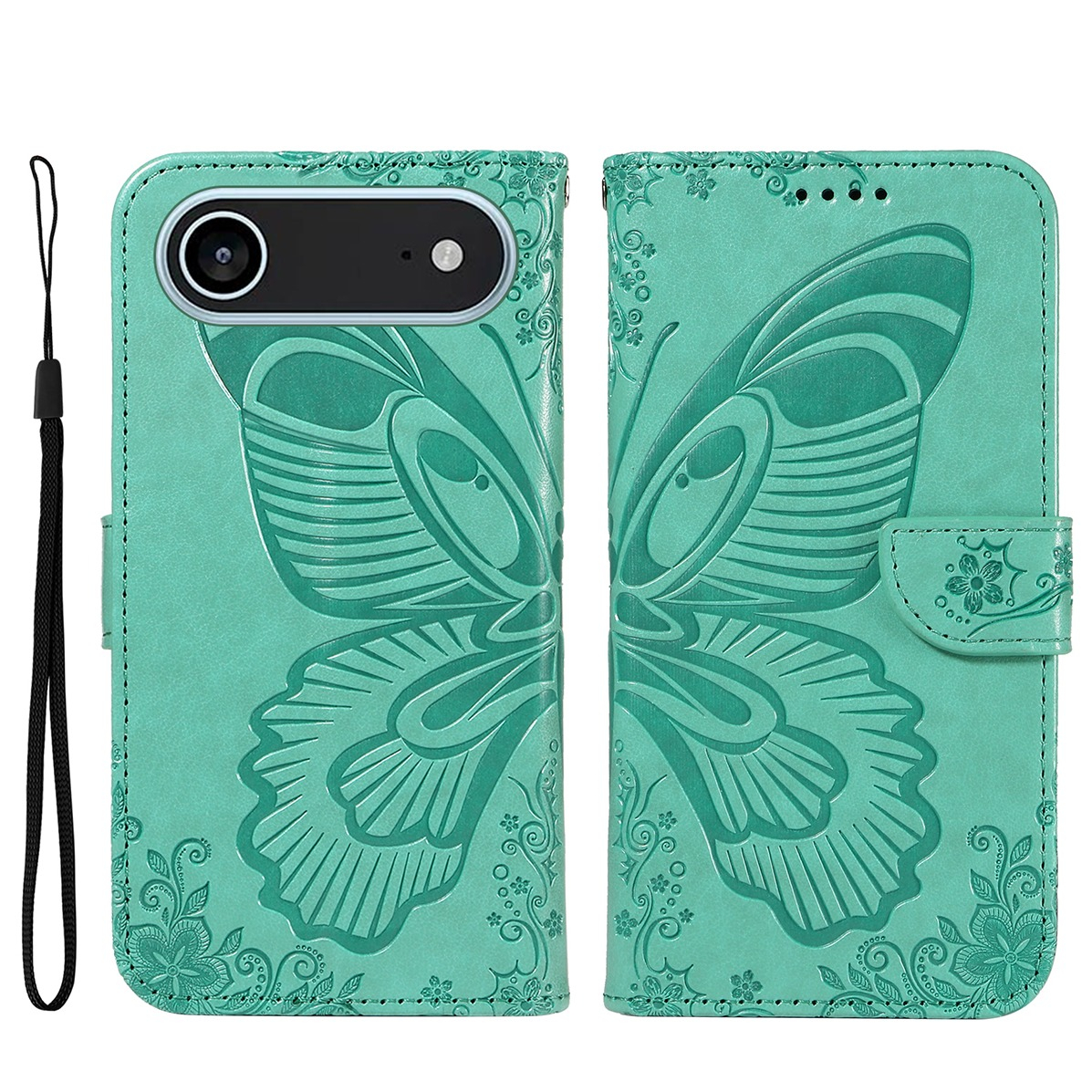 iPhone Air Leder Tasche Flip Cover Schmetterlinge Imprint - Türkis