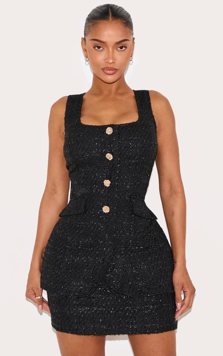 Noir Robe Mini Moulante Col Carré À Bouclé Superposé Avec Boutons Martelés