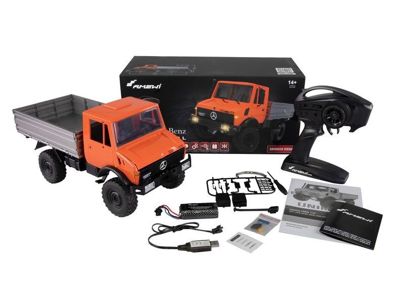Amewi Mercedes-Benz Unimog Advanced 4WD Orange, RTR, 1:12 Originalgetreues Unimog RC-Modell mit 2-Gang Getriebe und Differentialsperren