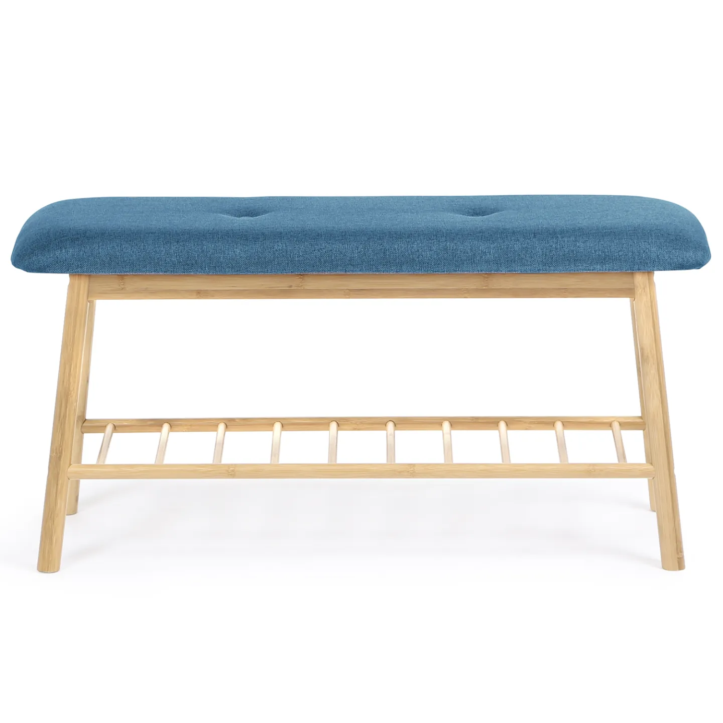 Banc d'entrée capitonné bambou RITA tissu bleu